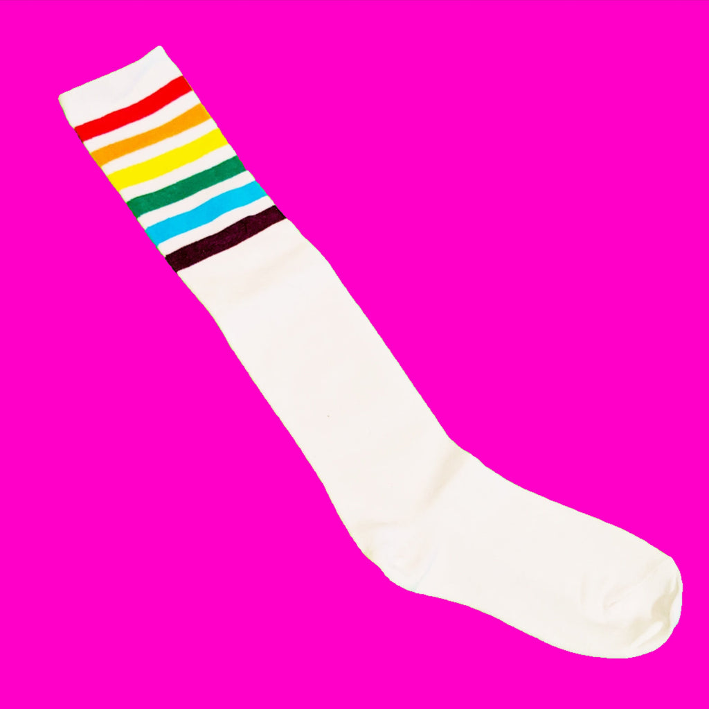 Rainbow Stripe Knee Socks - More Colours! - Pink Skull